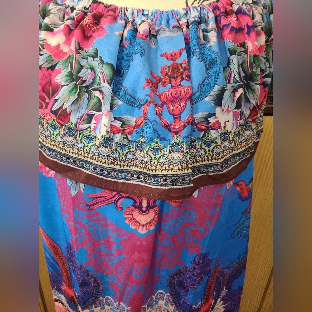 Boston Proper Rhinestone Ruffle Peacock Floral Off The Shoulder Maxi Dress - Picture 3 of 6